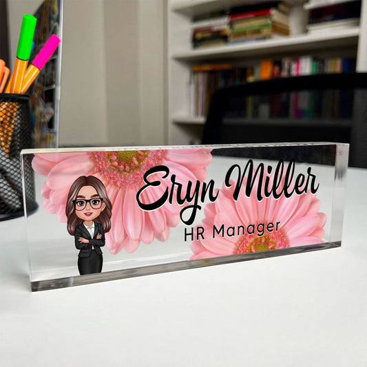 Daisy Flowers Woman Office Personalized Acrylic Desk Name Plate, Office Desk Decor, Gift For Colleagues, Coworkers, Boss, Nurses, Doctors, Healthcare Workers, Police, Firefighters