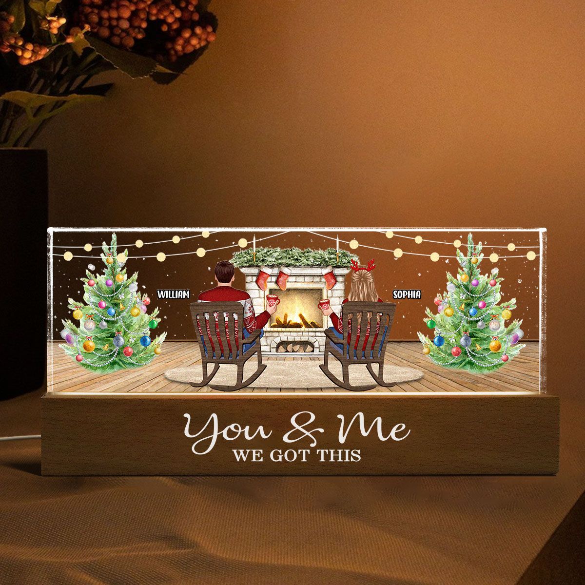 Christmas Couple Backview Fireplace Personalized Acrylic Block LED Night Light, Christmas Gift for Couples