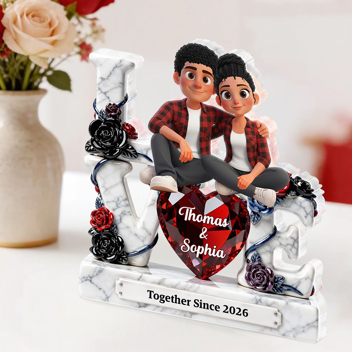 Couple Sitting on Love Marble Pattern - Personalized Acrylic Block Plaque - Heartfelt Valentine's Day Gift for Her, for Him