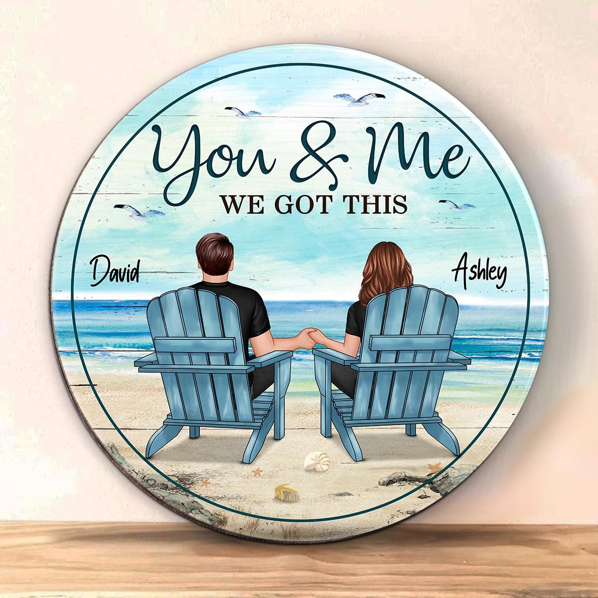 Back View Couple Sitting Beach Landscape Personalized Wood Sign