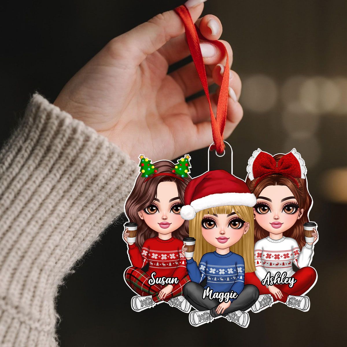 Pretty Christmas Best Friend Besties Sisters BFF Personalized Acrylic Custom Shaped Ornament