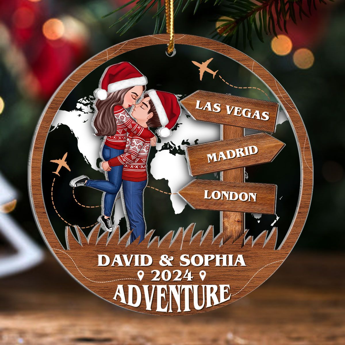 Adventure Kissing Couple Personalized Suncatcher Ornament, Christmas Gift For Couple, Gift For Travelers