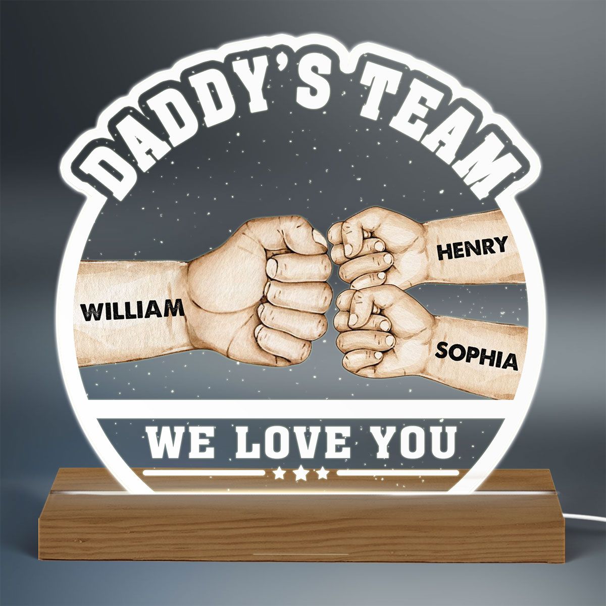 Daddy‘s Team Fist Bump Personalized Custom Shape Acrylic Warm LED Night Light