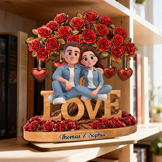 Couple Love Rose Tree Valentine's Day - Personalized 2-Layered Wooden Plaque - Sentimental Gift for Her, for Him