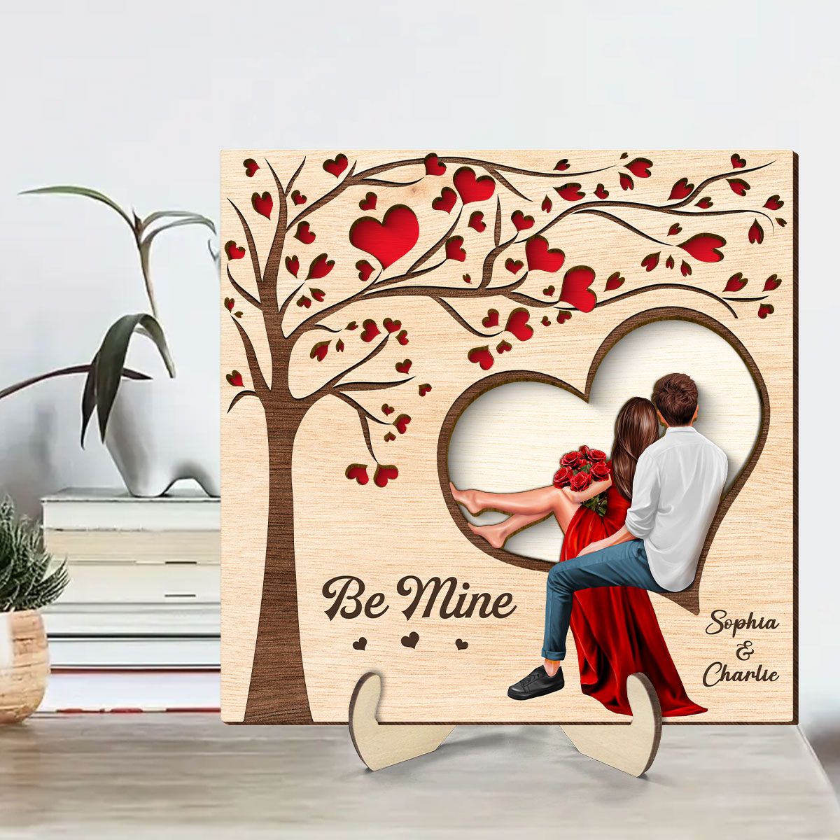 Couple Heart Tree Engraved Personalized 2-Layer Wooden Plaque, Valentine‘s Day Gift, Anniversary Gift For Him, For Her