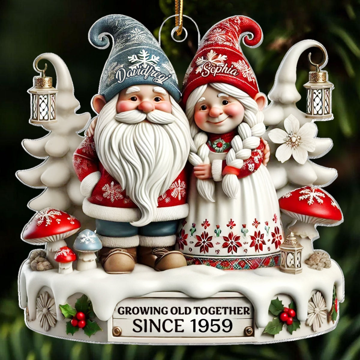 3D Effect Gnome Couple Together Christmas Personalized Flat Acrylic Ornament, Christmas Gift For Him, For Her, Husband, Wife