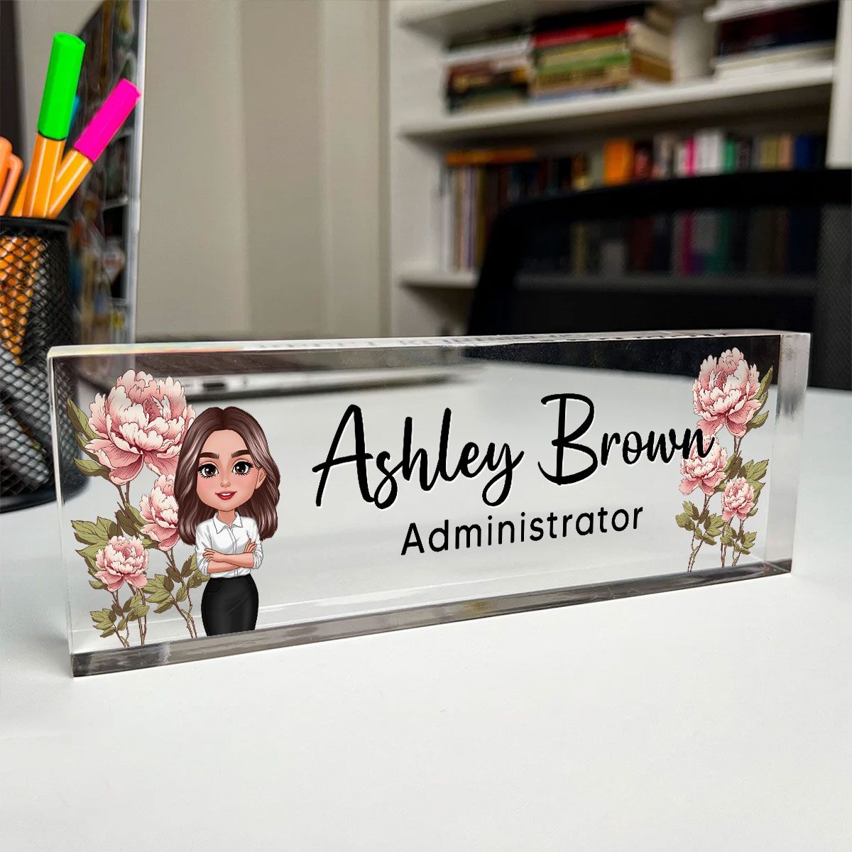 Birth Month Flowers Woman Personalized Acrylic Desk Name Plate, Office Decor, Christmas Gift For Colleagues, Boss, Office Workers, Nurse, Healthcare Workers, Police, Firefighter