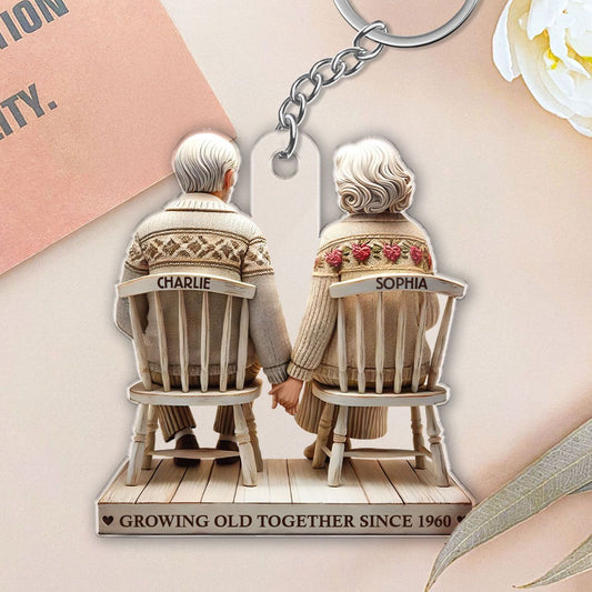 Old Couple Holding Hands Sitting Together Personalized Keychain, Heartfelt Gift For Couple, For Him, For Her, Husband, Wife