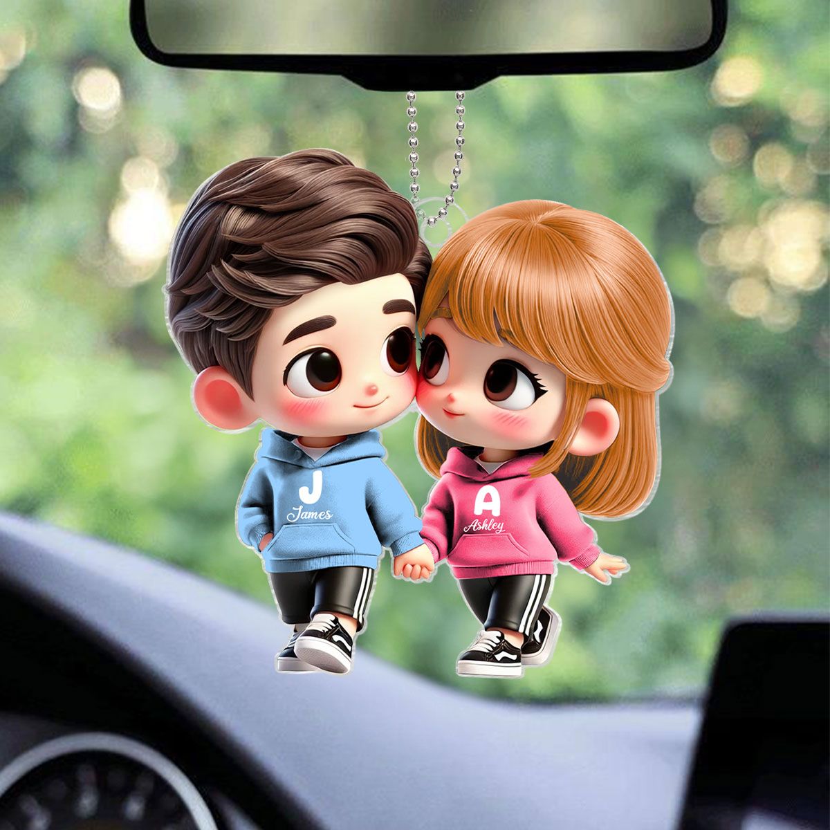 Cute Cartoon Couple Holding Hands Personalized Acrylic Car Hanger, Anniversary & Valentine's Day Gift for him, Gift for her