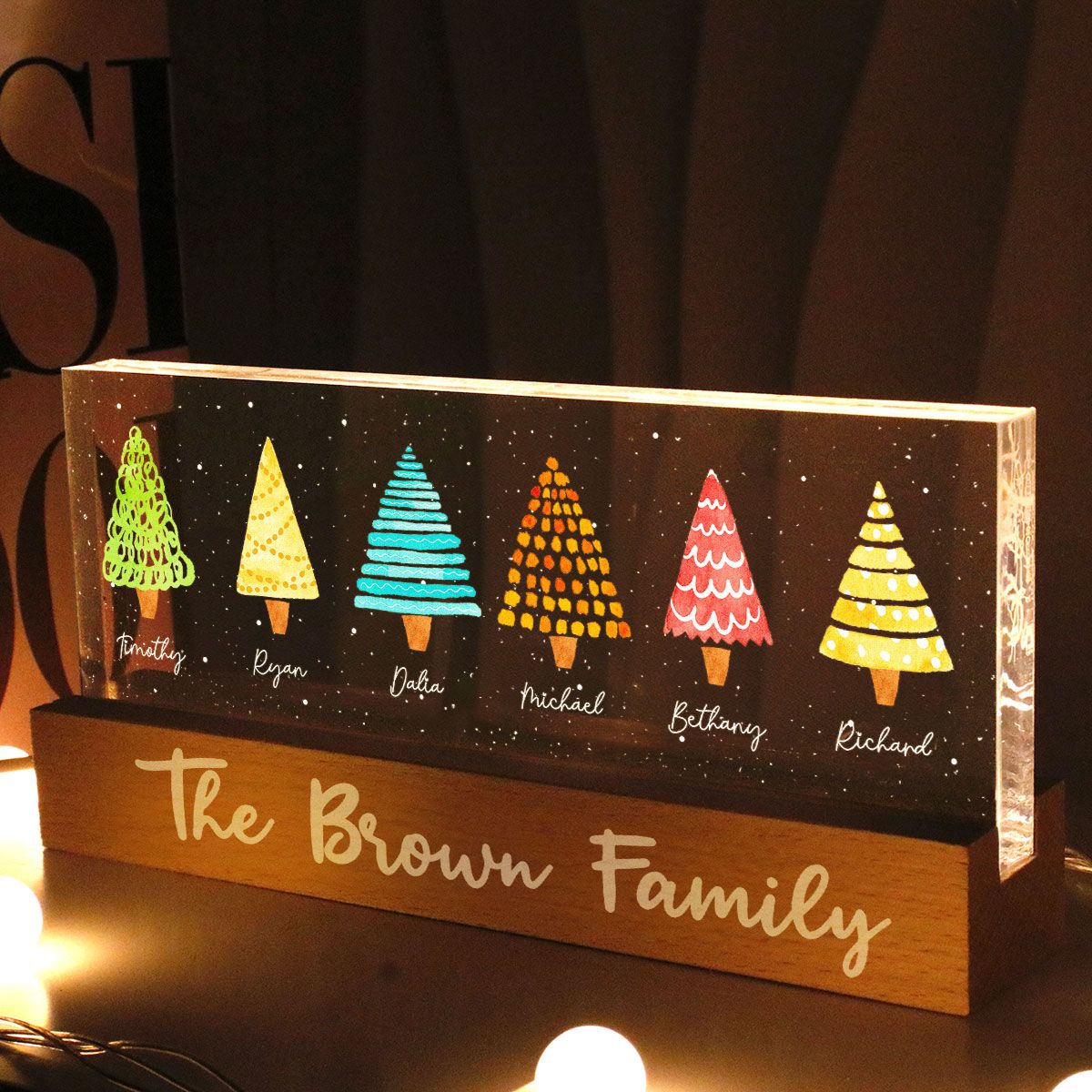 Colorful Christmas Tree Family Personalized Acrylic Block LED Night Light