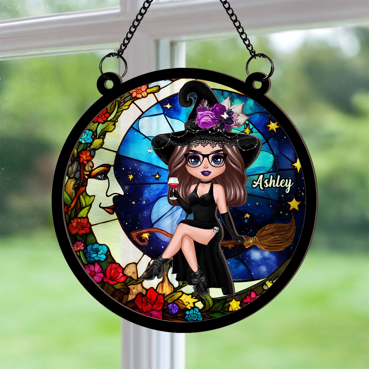 Witch And Moon Personalized Suncatcher, Window Hangings, Halloween Decor, Gift For Witch Lovers