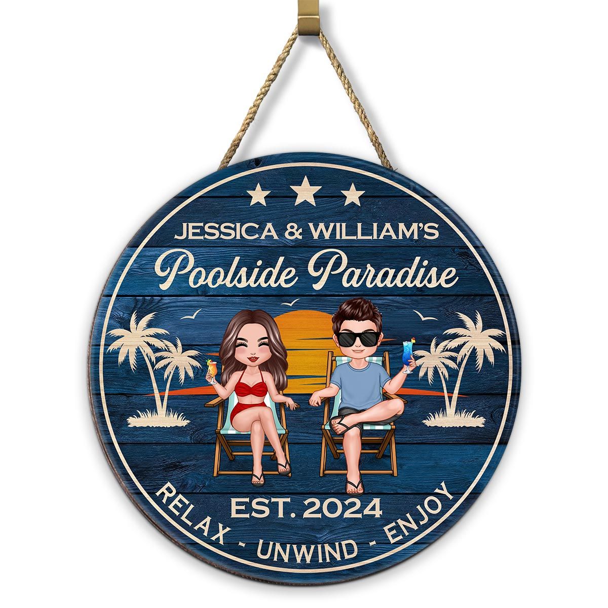 Doll Couple Sitting Poolside Paradise Personalized Wood Sign