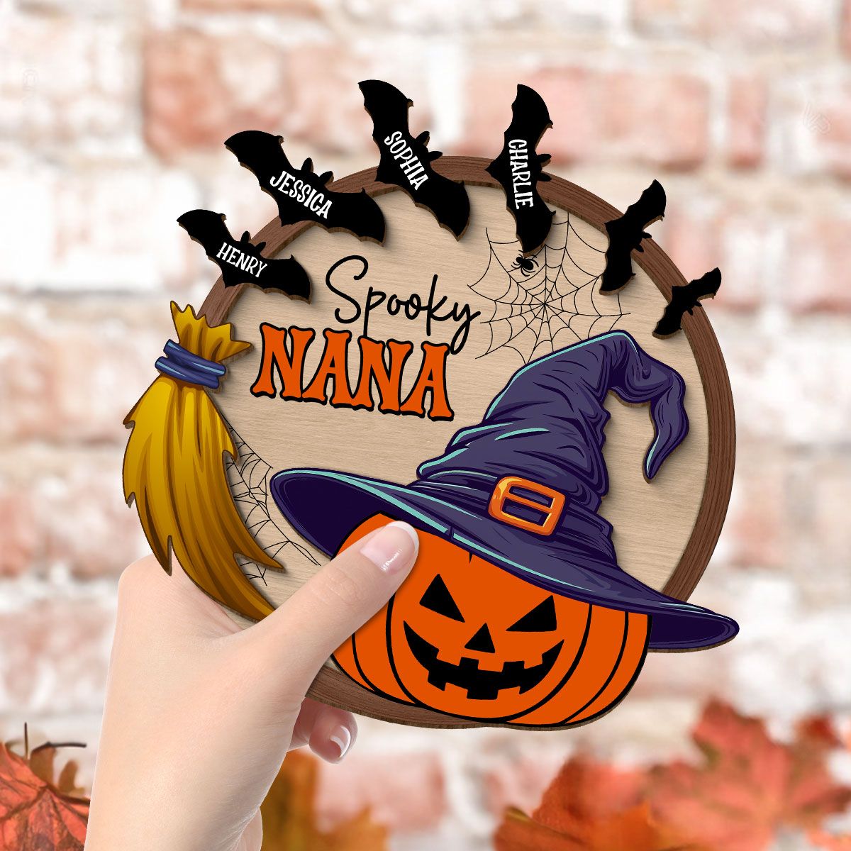 Spooky Grandma Mom Pumpkin Witch Hat Personalized 2-Layer Standing Wooden Plaque, Halloween Decor