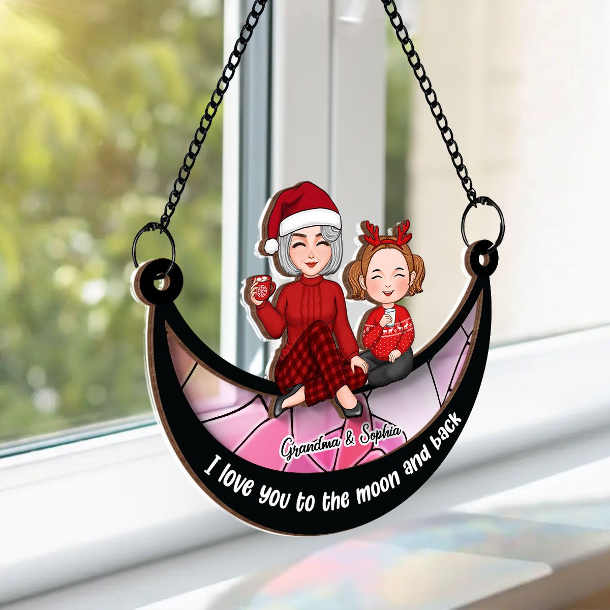 Grandma Grandkid On Moon Personalized Window Hanging Suncatcher Ornament, Christmas Gift For Granddaughter Grandson