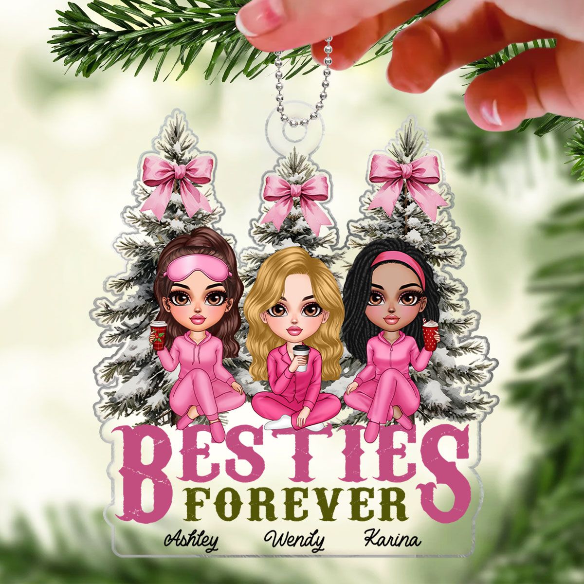 Besties Sisters Christmas Tree Pink Bow Personalized Acrylic Ornament