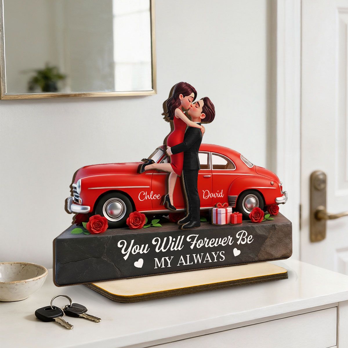 Romantic Couple Hugging Kissing Valentine Car - Personalized 2-Layered Wooden Plaque - Valentine's Day Gift For Couple