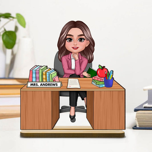 Teacher Sitting At Desk Personalized 2-Layer Standing Wooden Plaque, Back To School Gift