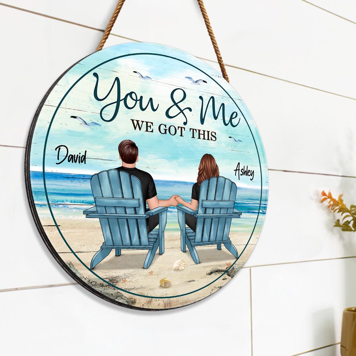 Back View Couple Sitting Beach Landscape Personalized Wood Sign