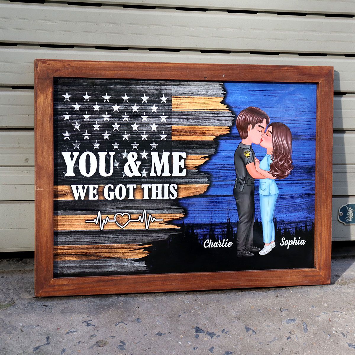 Hero Couple Kissing Half Flag Gifts by Occupation Firefighter, Nurse, Police Officer Personalized Horizontal Poster