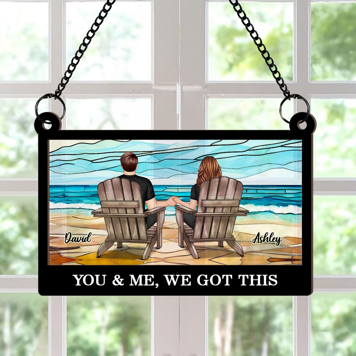 Couple Sitting Back View At Beach Landscape Stained Glass Personalized Suncatcher