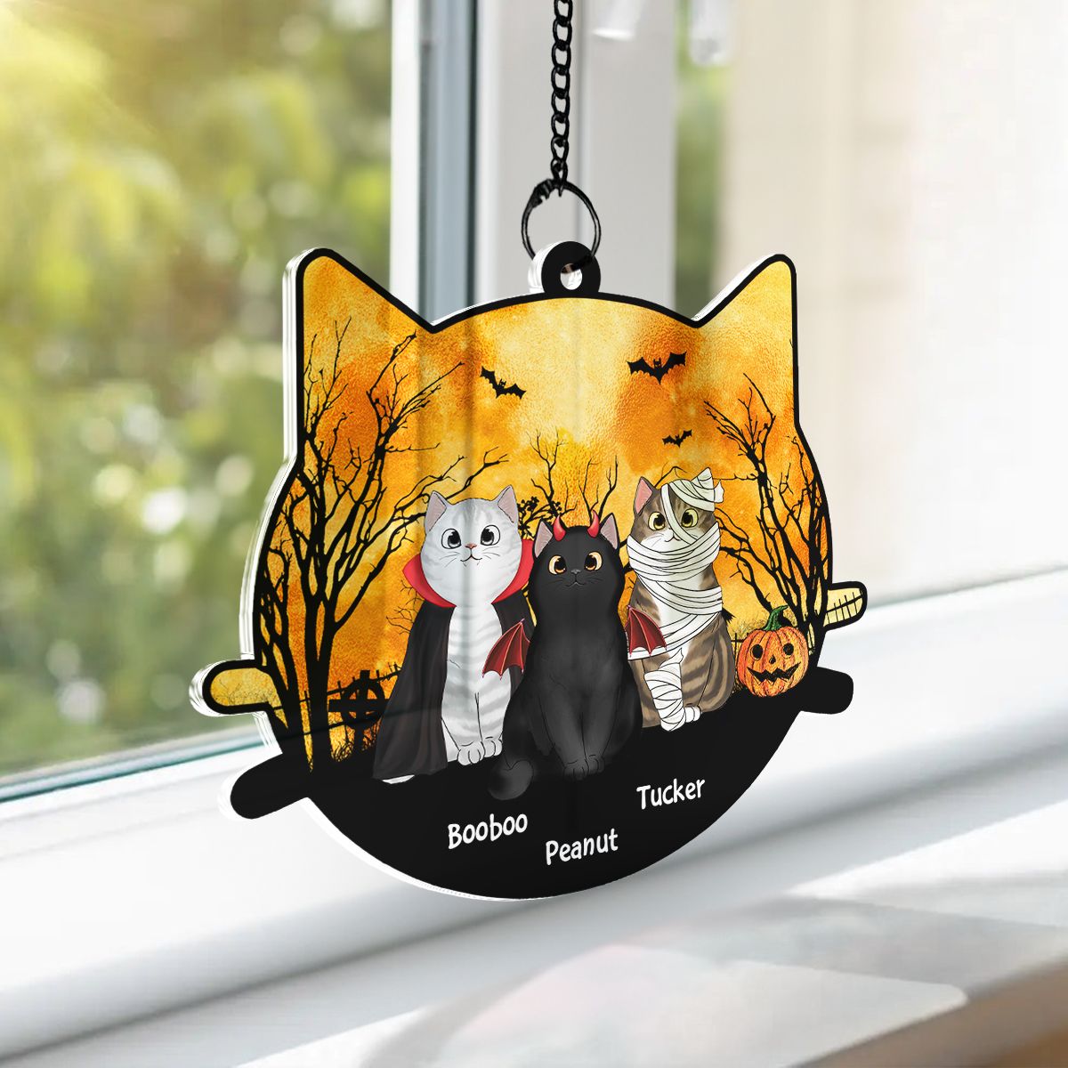 Halloween Cat Face Shaped Personalized Window Hanging Suncatcher Ornament, Halloween Decor For Cat Lovers