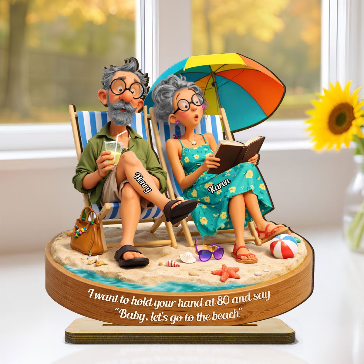 Quirky Elderly Couple On The Beach - Personalized 2-Layered Wooden Plaque - Heartfelt Anniversary, Valentine's Day Gift, Gift For Him, Gift For Her