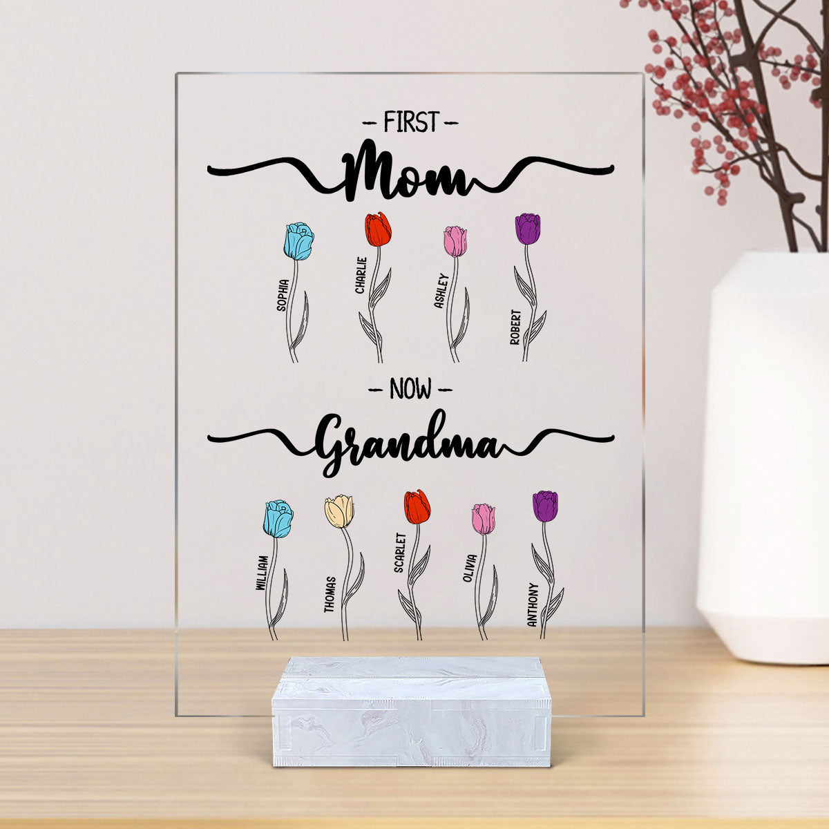 First Mom Now Grandma Tulip Flowers Personalized Acrylic Plaque