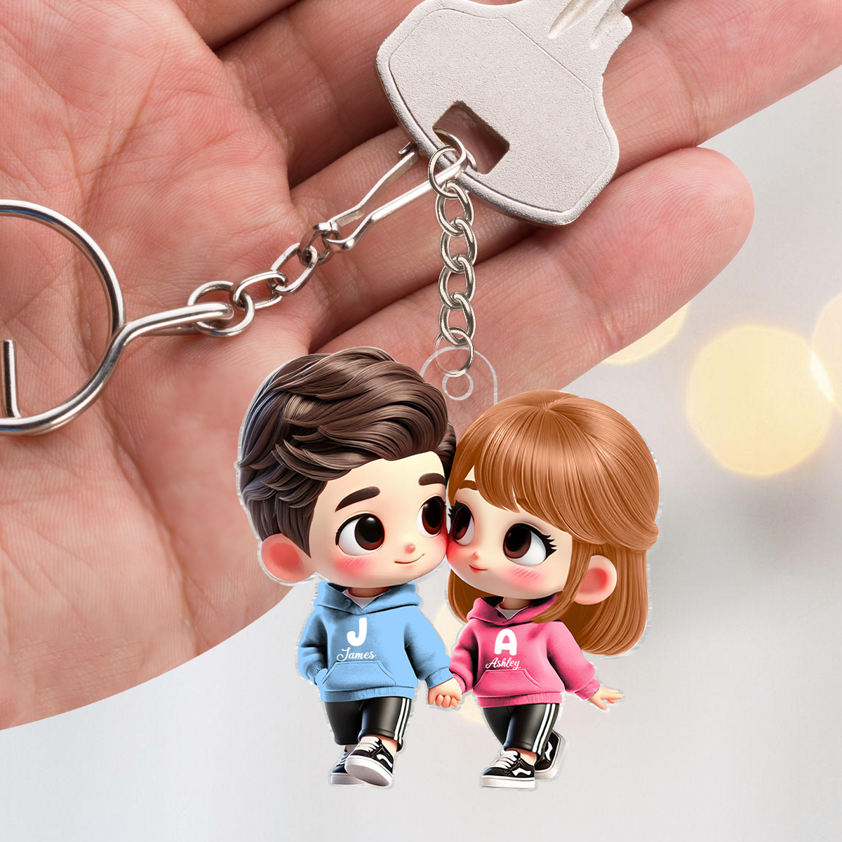 Cute Cartoon Couple Holding Hands Personalized Acrylic Keychain, Anniversary & Valentine's Day Gift for him, Gift for her