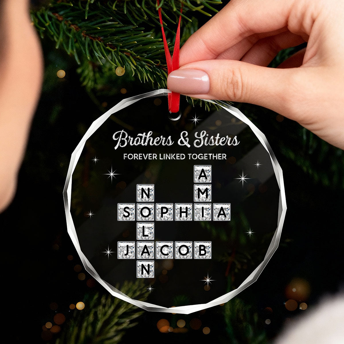 3D Shining Effect Brothers Sisters Crossword Puzzle Art - Personalized Glass Ornament - Christmas Gift For Siblings, Brothers, Sisters