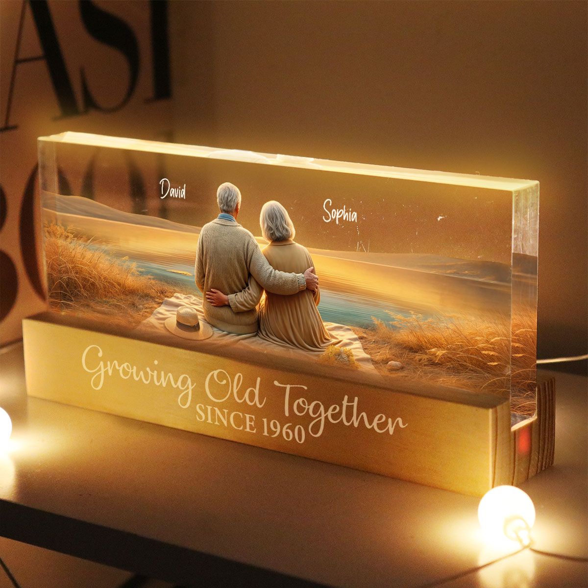 Growing Old Together Personalized Acrylic Block LED Night Light, Anniversary Birthday Gift For Husband, Wife, Old Couple, Parents