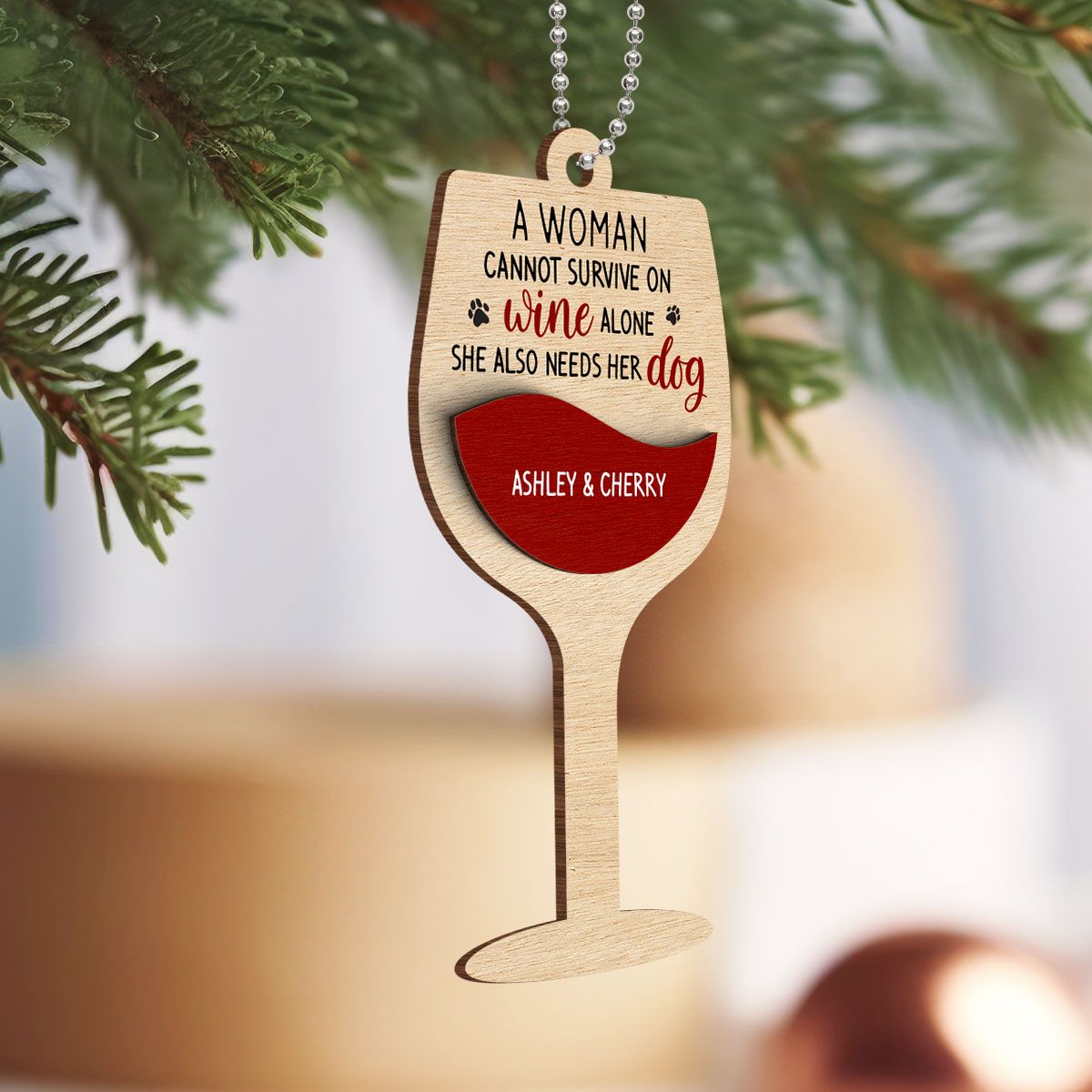 Woman Loves Wine and Dogs Personalized 2-Layered Wooden Ornament, Christmas Gift for Dog Moms