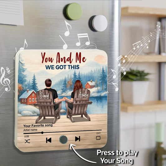 Peaceful Lakeside Forest Scene Couple Sitting Back View Personalized Music Magnet