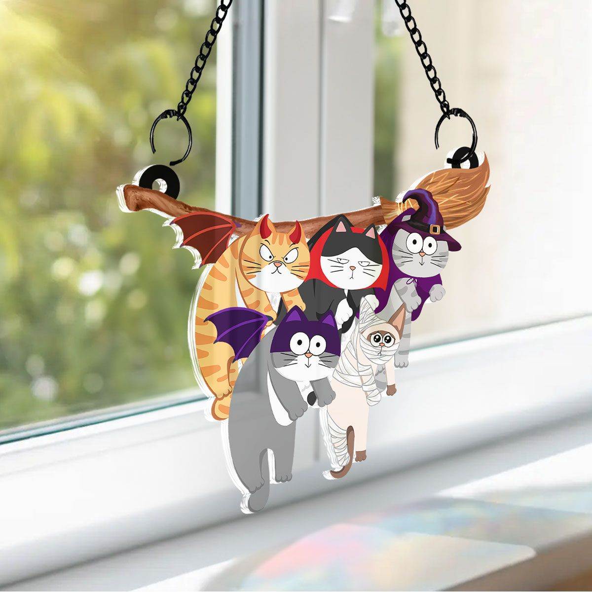 Naughty Cats Hanging On Halloween Broom Personalized Suncatcher, Halloween Decor