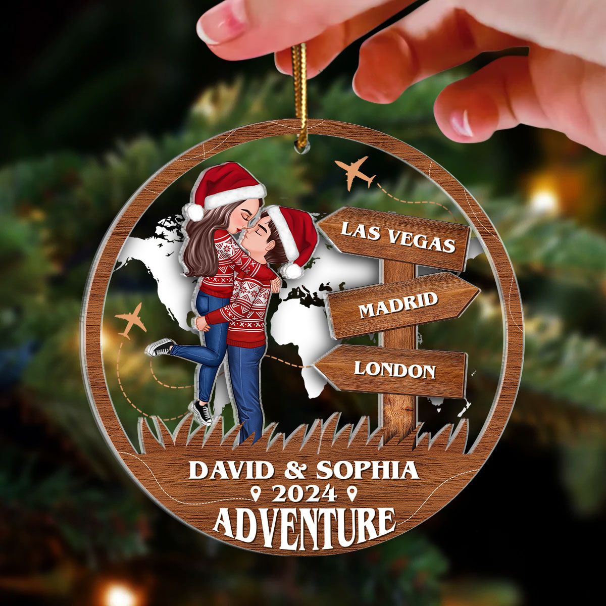 Adventure Kissing Couple Personalized Suncatcher Ornament, Christmas Gift For Couple, Gift For Travelers