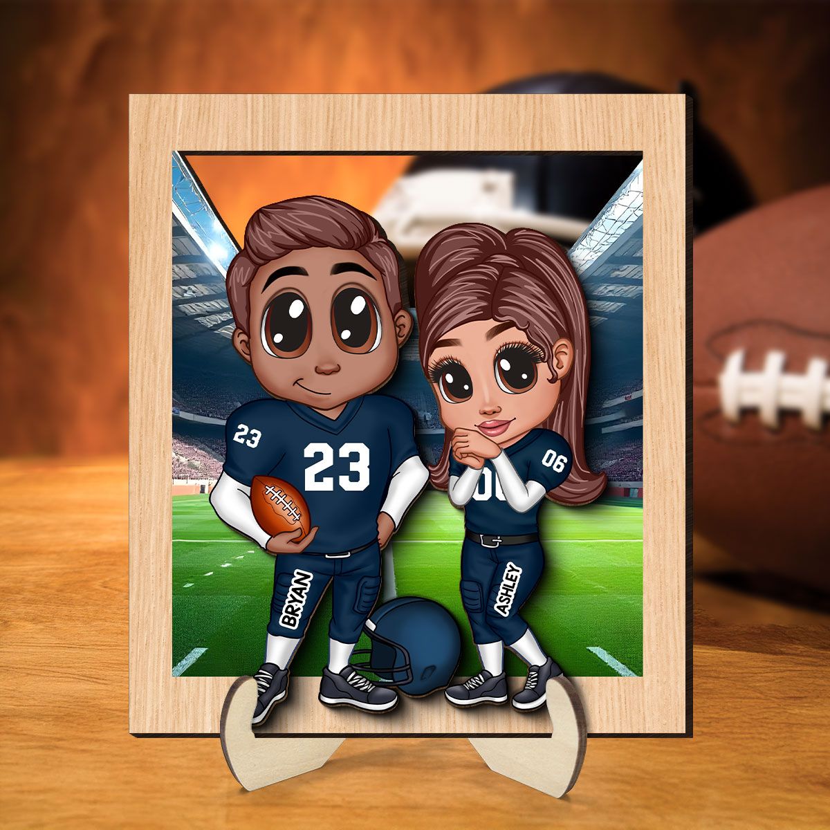 American Football Couple Y2K Style At Field Personalized 2-Layer Wooden Plaque, Valentine's Day Gift for Couples