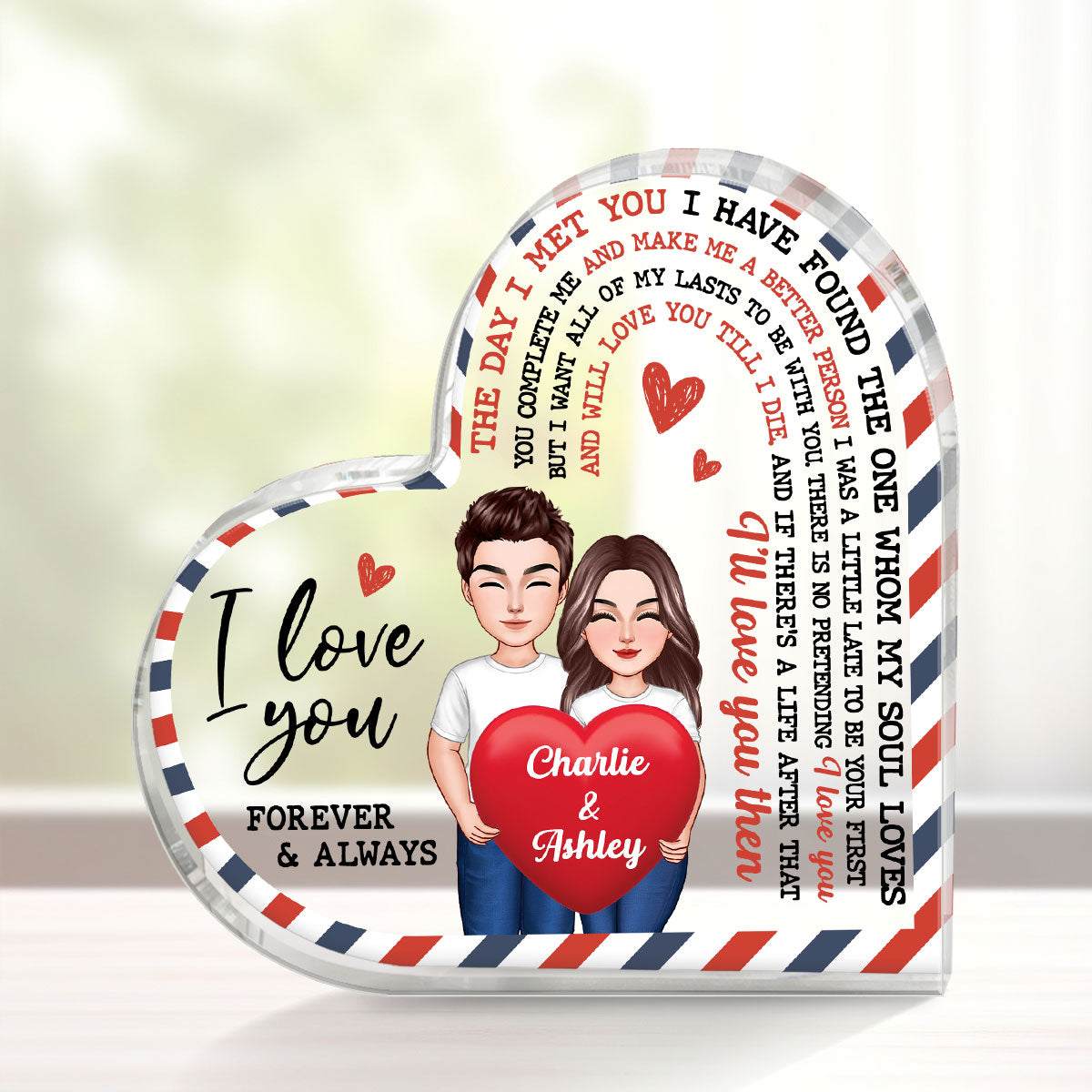 The Day I Met You Couple Holding Heart Envelope Frame Personalized Heart Shape Acrylic Plaque