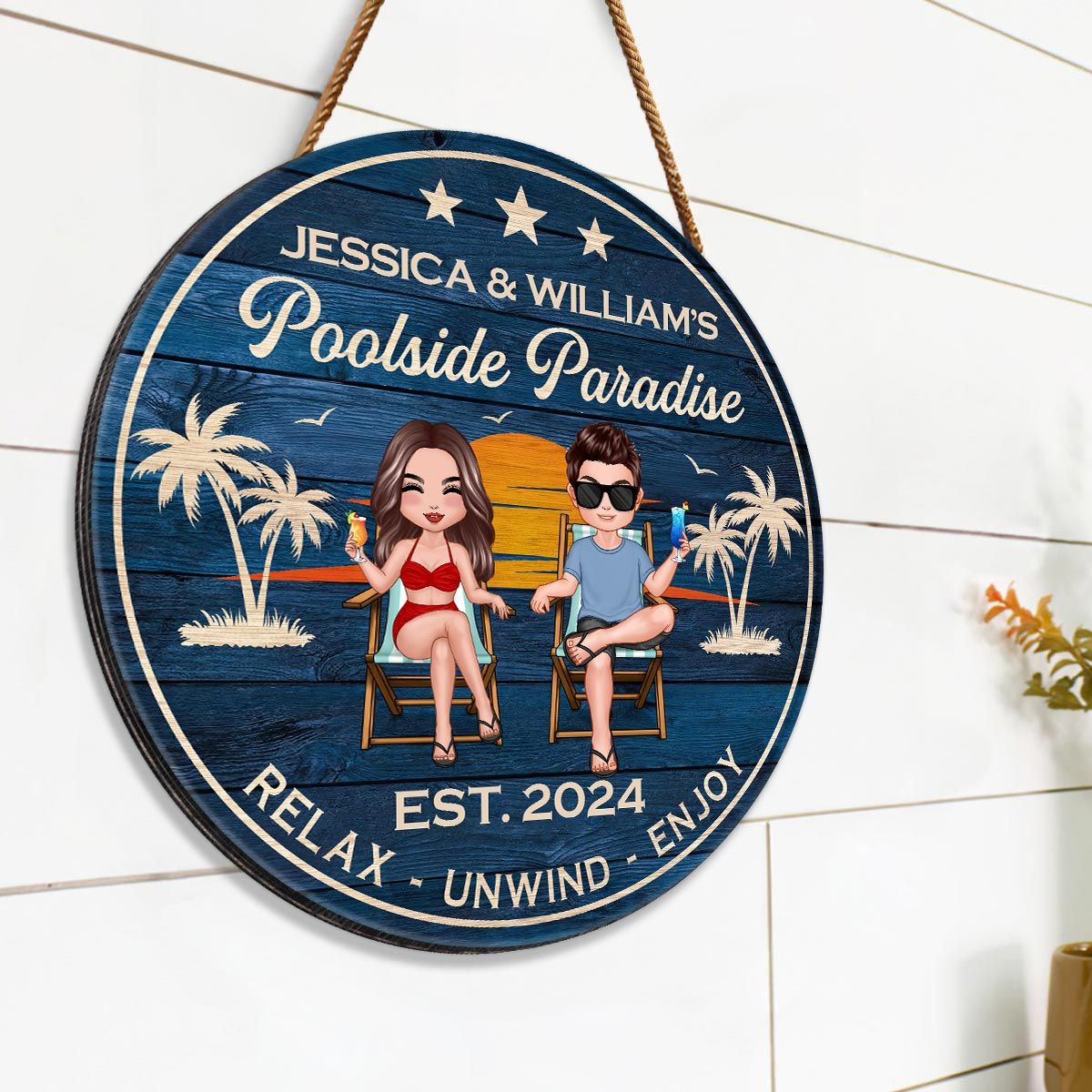 Doll Couple Sitting Poolside Paradise Personalized Wood Sign