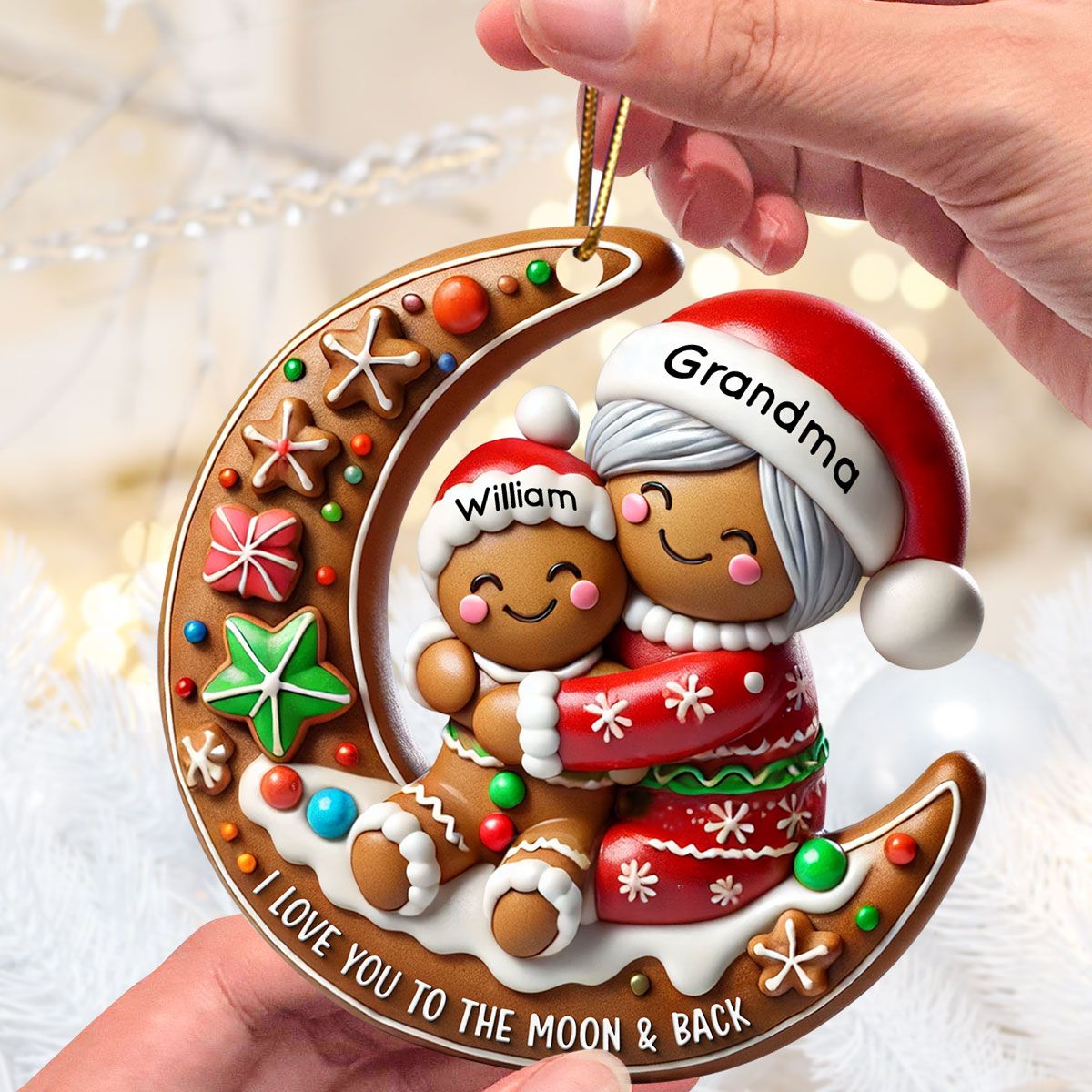 Gingerbread Grandma Hugging Grandkid On Moon Christmas Personalized Acrylic Ornament, Meaningful Gift For Granddaughter, Grandson