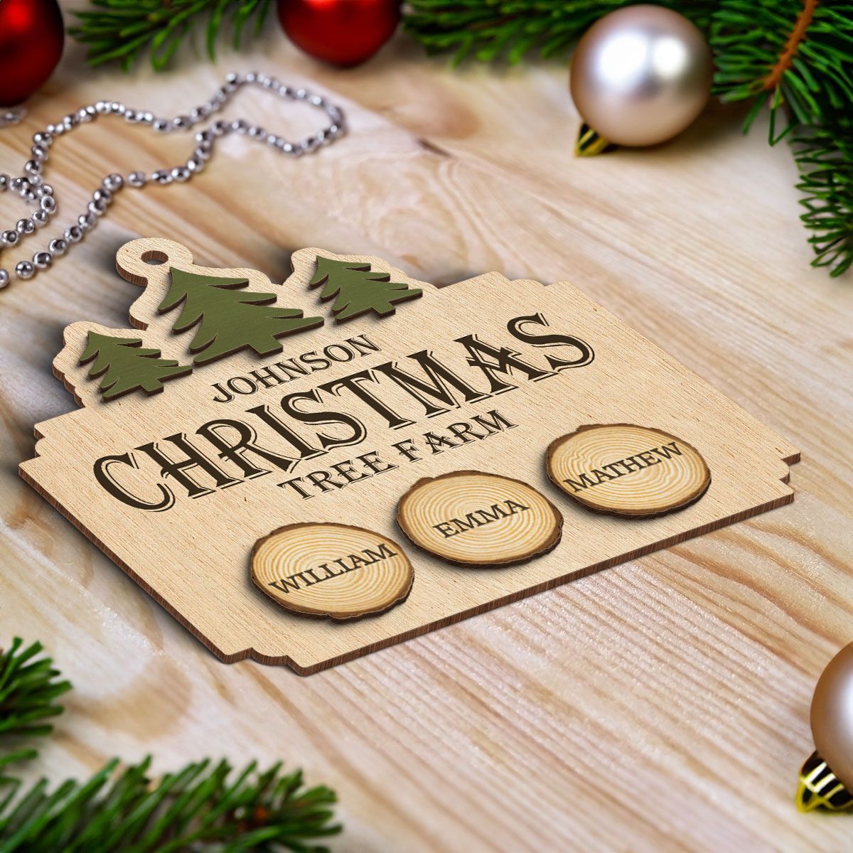 Christmas Tree Farm Family Wood Slice Personalized 2-Layer Wooden Ornament