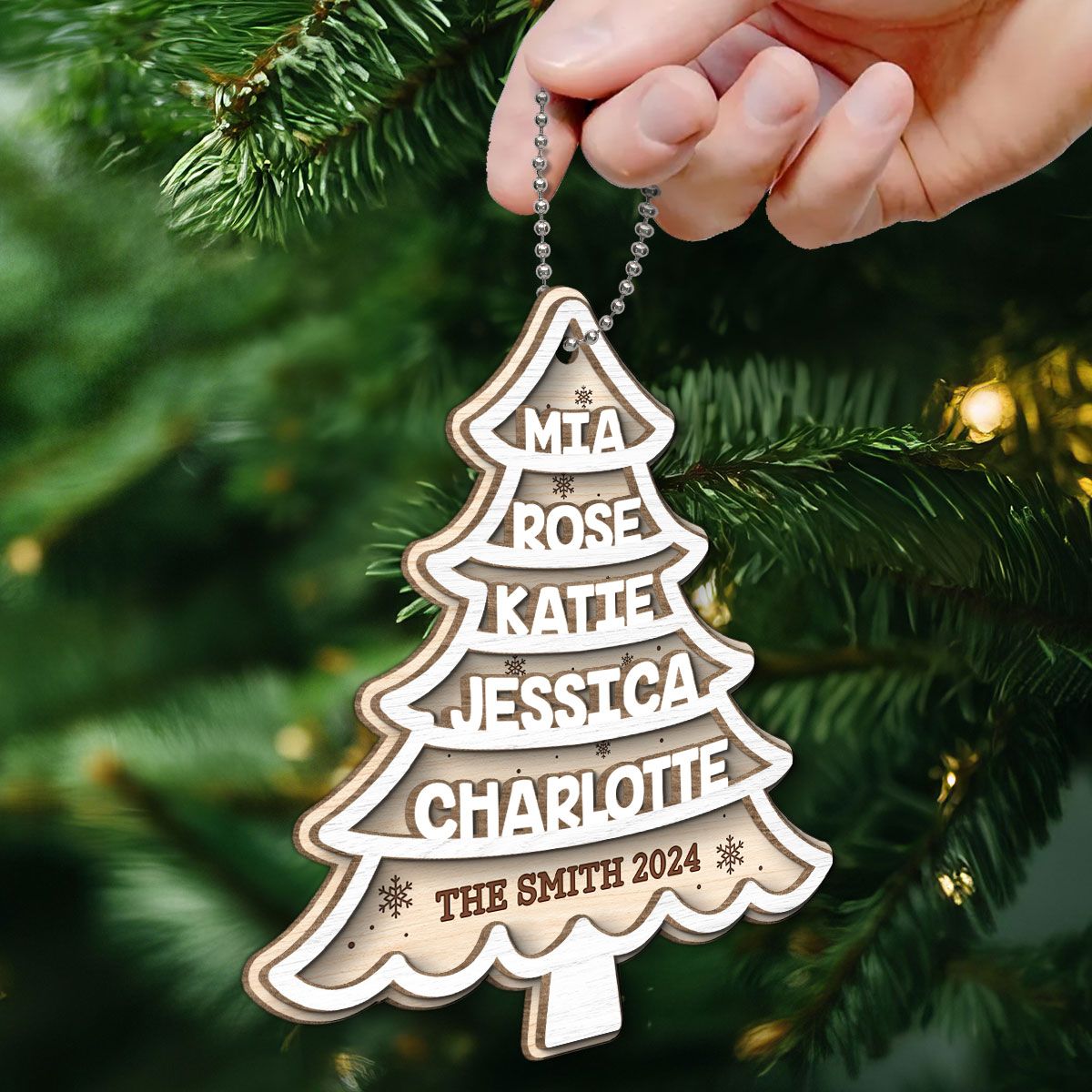 Family Members Names White Christmas Tree Personalized 2-Layer Wooden Ornament