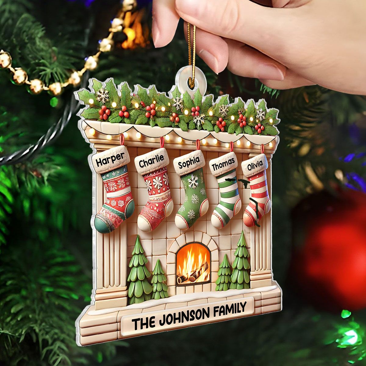 Realistic Family Christmas Stockings On Mantel Effect Personalized Acrylic Ornament