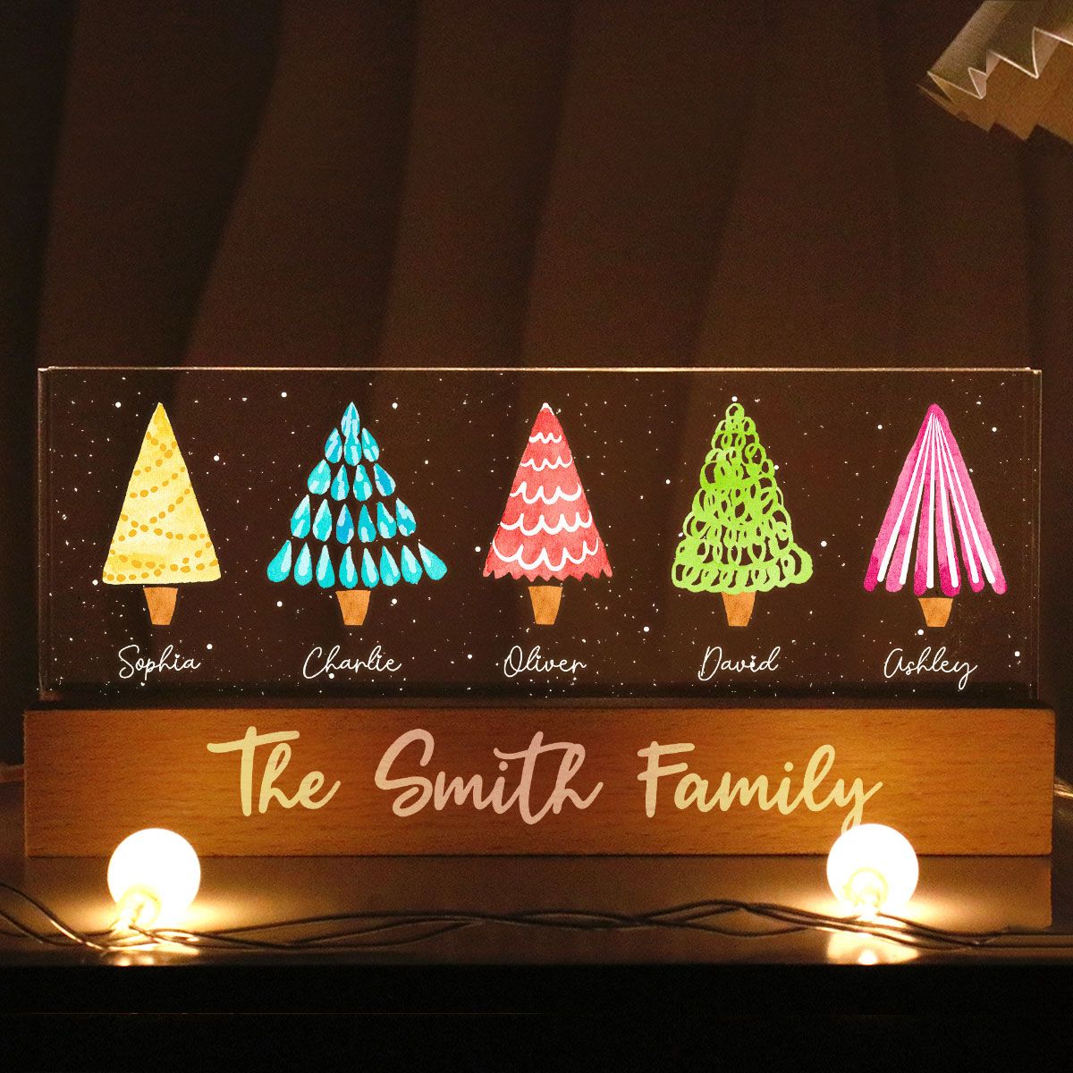 Colorful Christmas Tree Family Personalized Acrylic Block LED Night Light