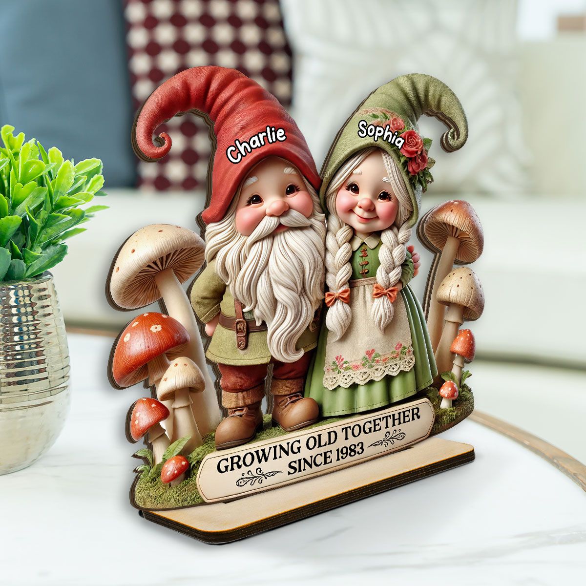 Whimsical Gnome Couple Personalized Standing Wooden Plaque, Heartfelt Valentine's Day Gift For Couple, For Him, For Her, Husband, Wife