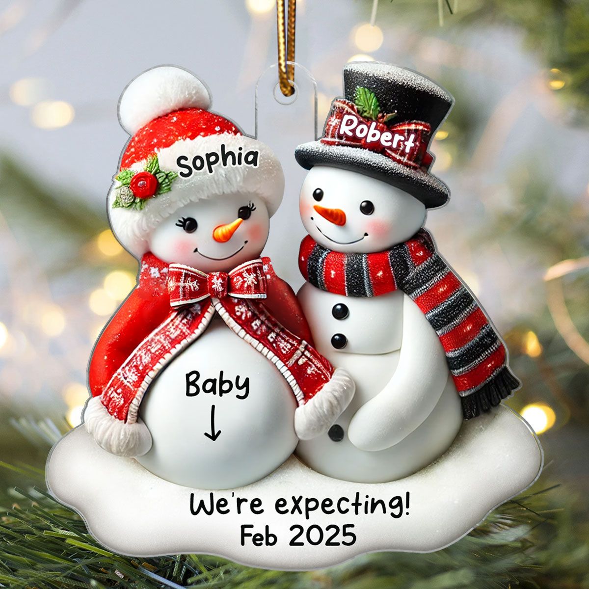 Snowman Couple Expecting Parents Pregnancy Announcement Keepsake Personalized Acrylic Ornament