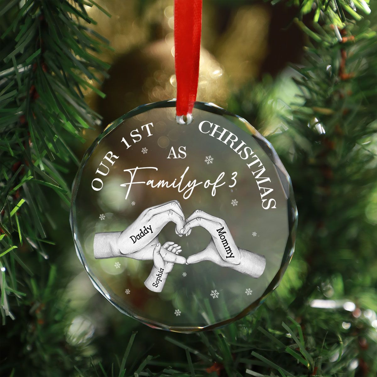 First Christmas As Family Of Three Family Heart Hands Personalized Glass Ornament