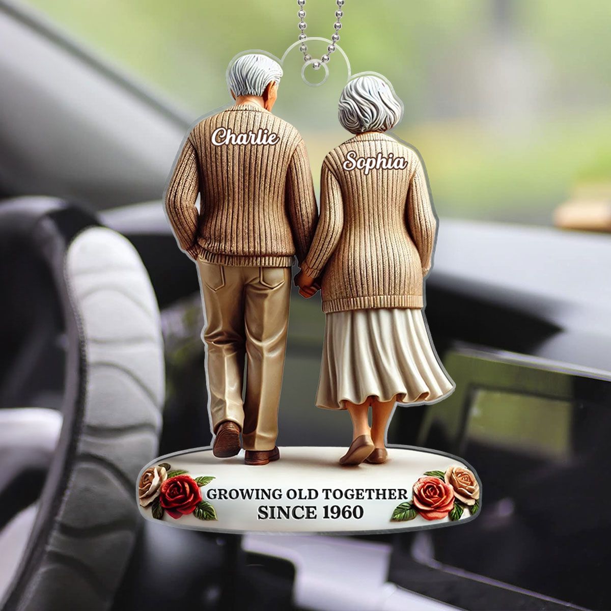 Old Couple Holding Hands Walking Together Personalized Car Hanger Ornament, Heartfelt Gift For Couple, For Him, For Her, Husband, Wife