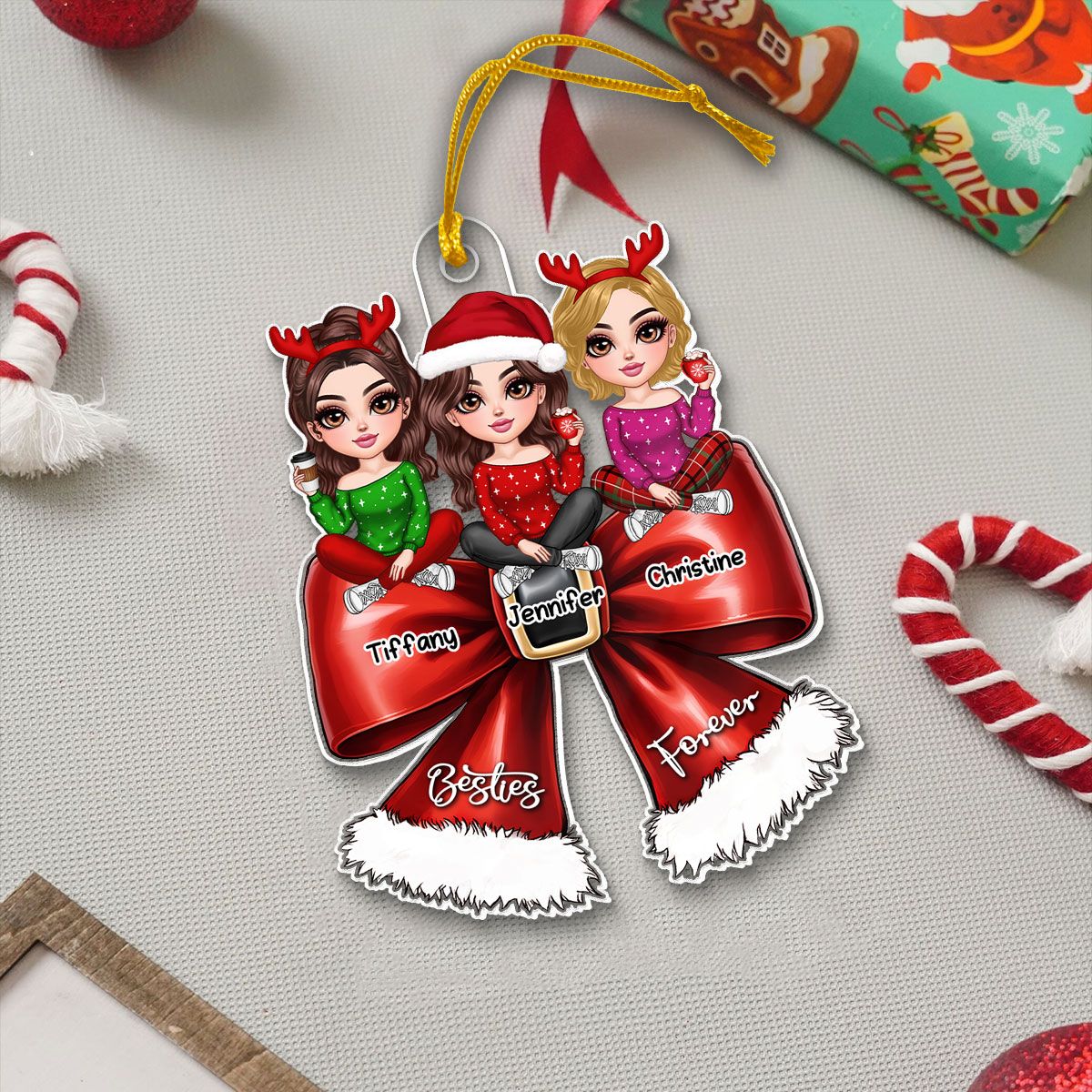 Christmas Coquette Bow Best Friends Personalized Acrylic Ornament, Christmas Gift For Besties