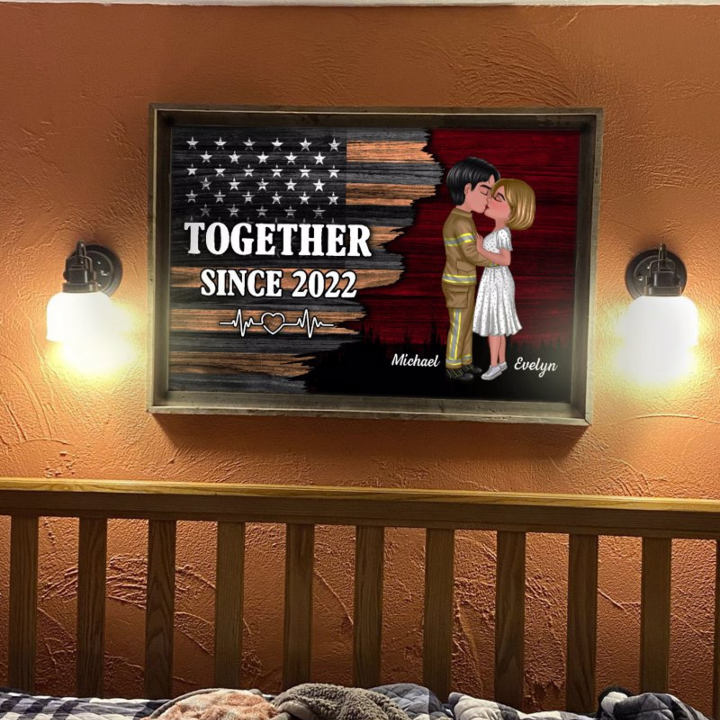 Hero Couple Kissing Half Flag Gifts by Occupation Firefighter, Nurse, Police Officer Personalized Horizontal Poster