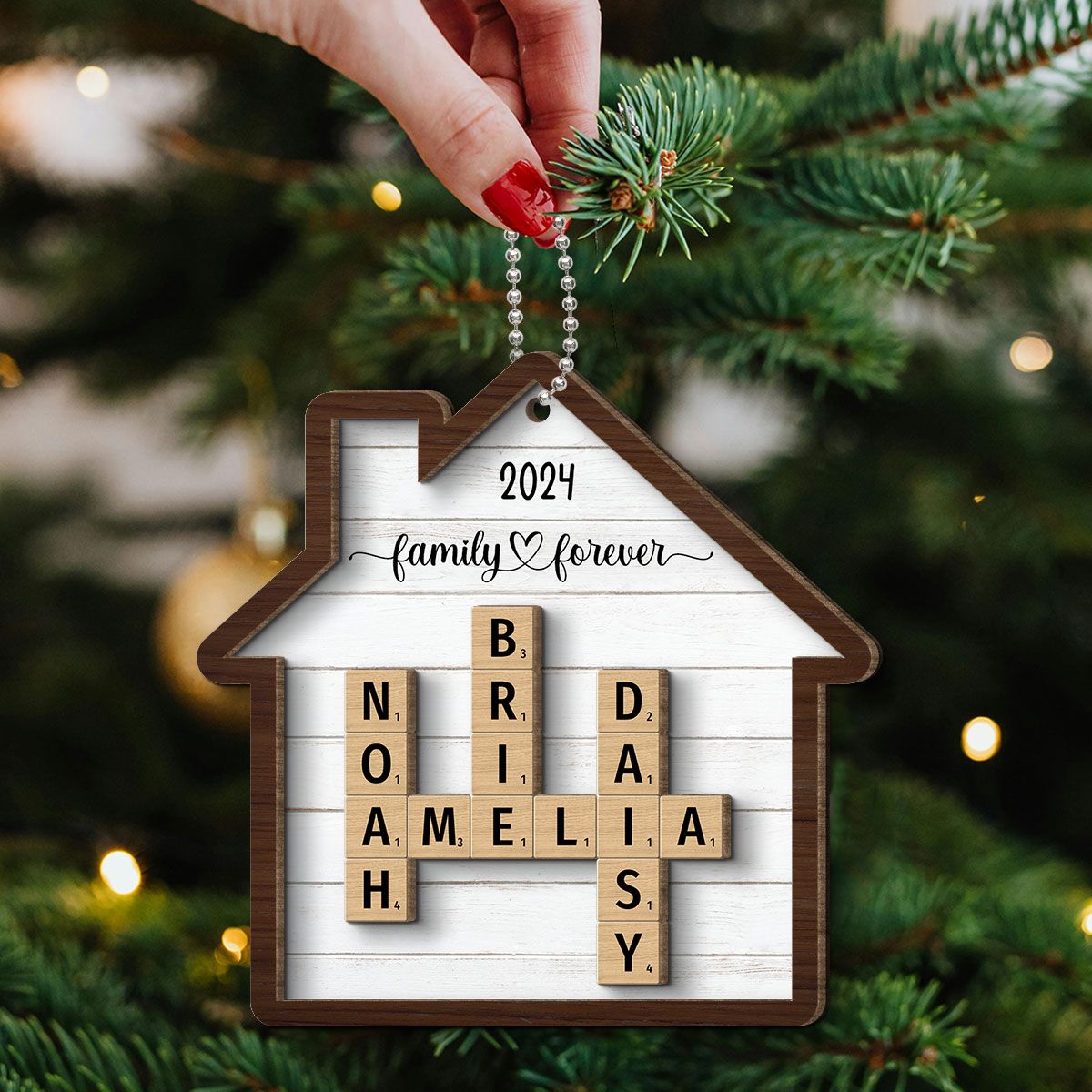 Family Crossword Puzzle Art Personalized House Shaped 2-Layer Wooden Ornament