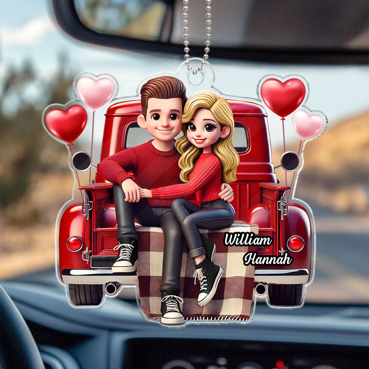 Couple Sitting On Red Truck Personalized Acrylic Car Hanger, Valentine's Day Gift, Anniversary Gift For Couples